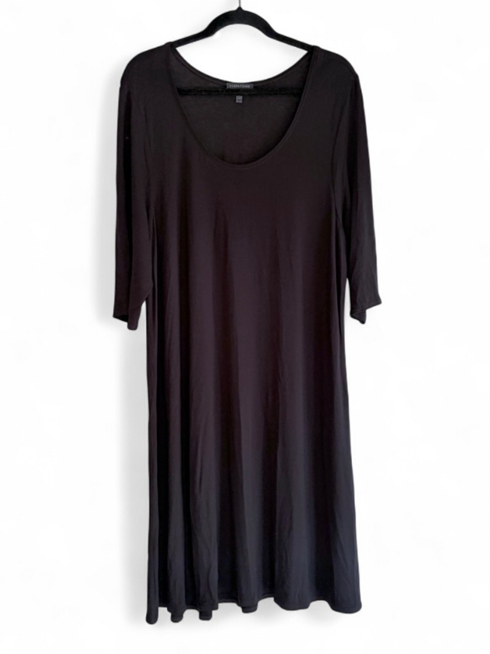 Eileen Fisher Black Scoop Neck 3/4 Sleeve Knit Midi Dress Size XL